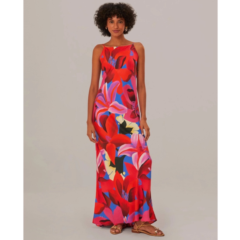 *SOLD* Farm Rio Watercolor Floral Slip Satin Maxi Dress Floral Blue Small NEW - Picture 1 of 15